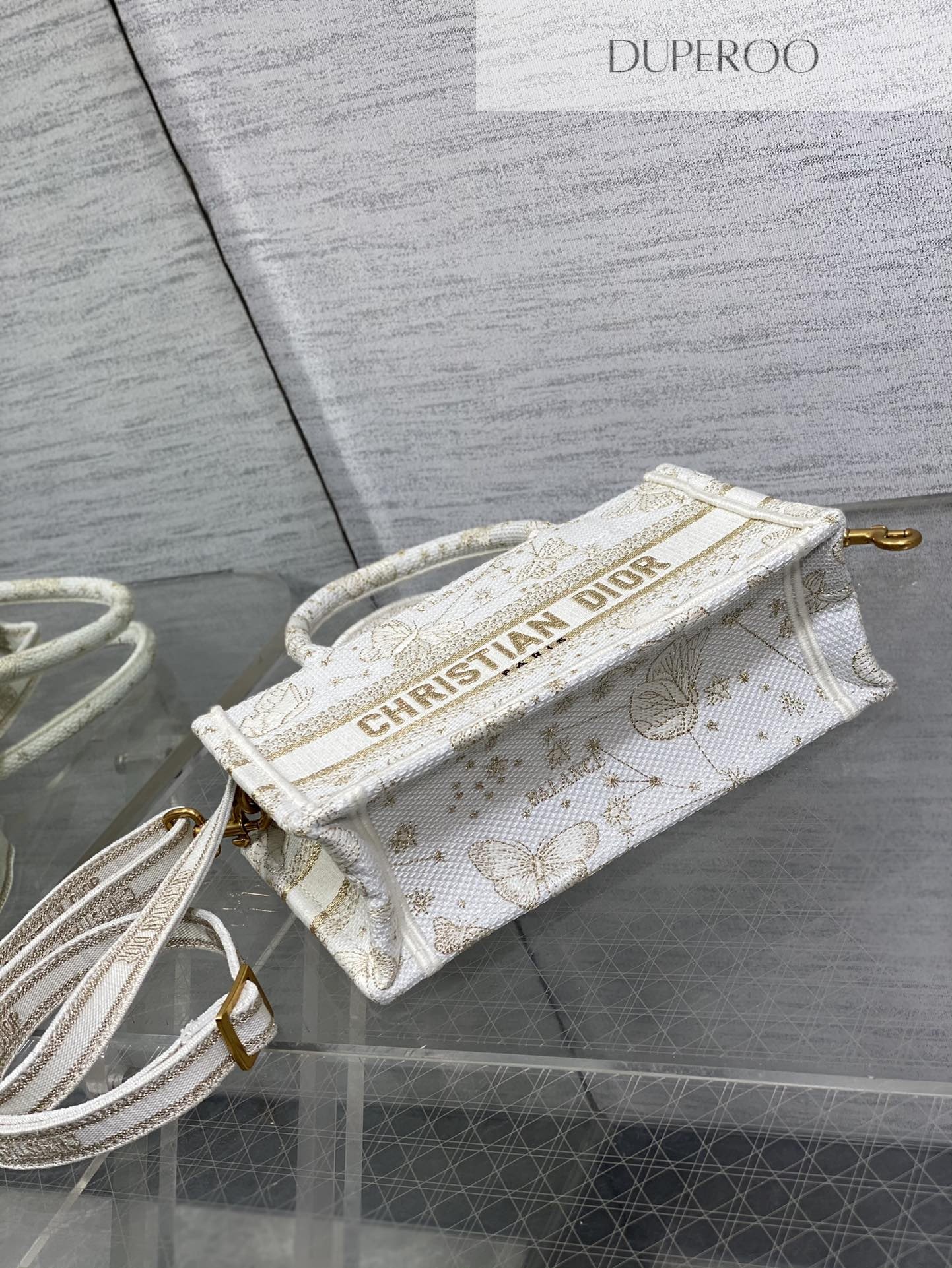 Dior Book Tote White and Gold Butterfly Motif