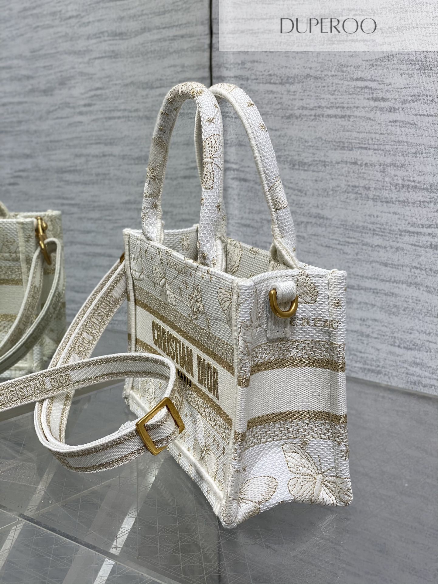 Dior Book Tote White and Gold Butterfly Motif