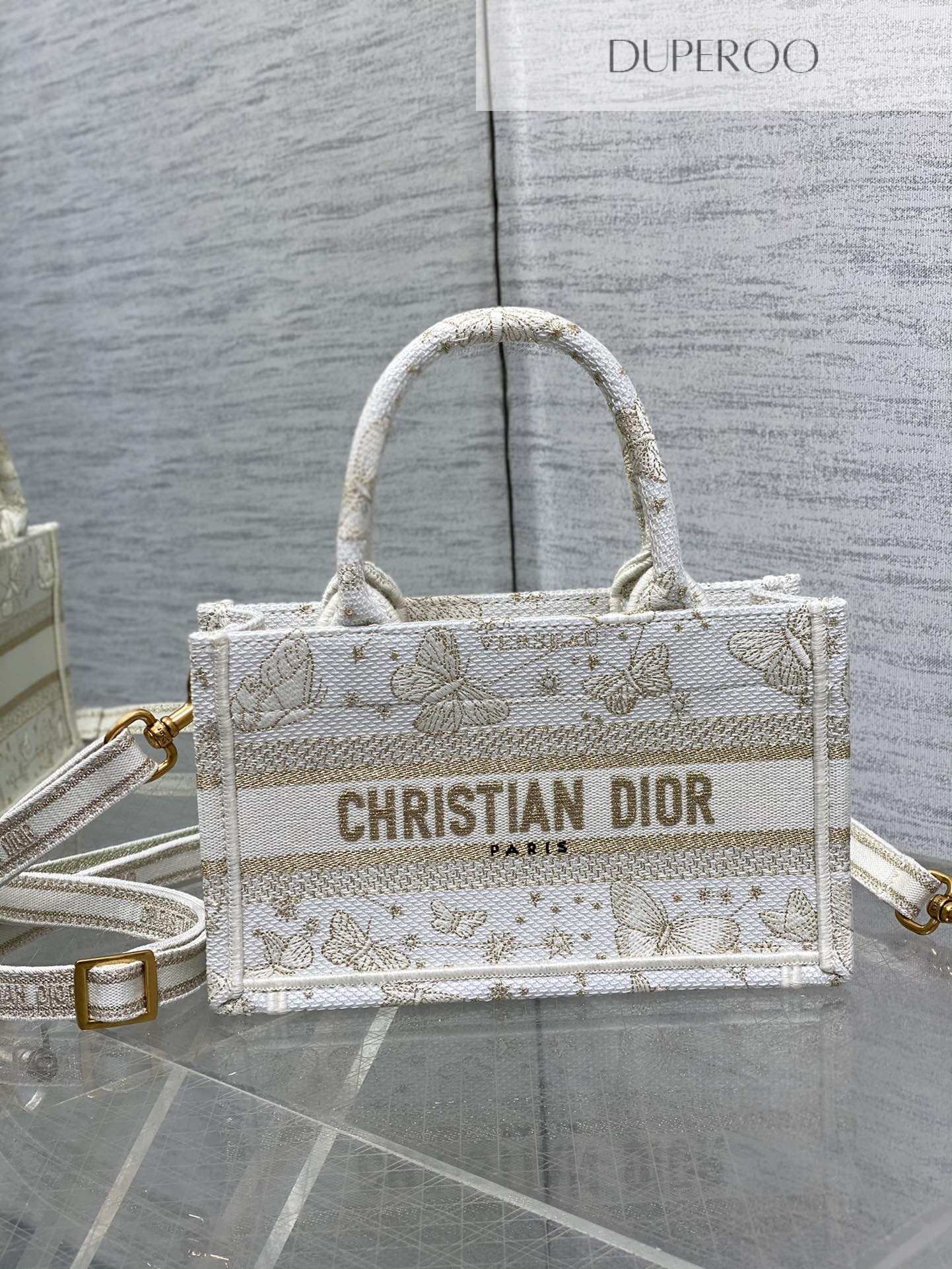 Dior Book Tote White and Gold Butterfly Motif