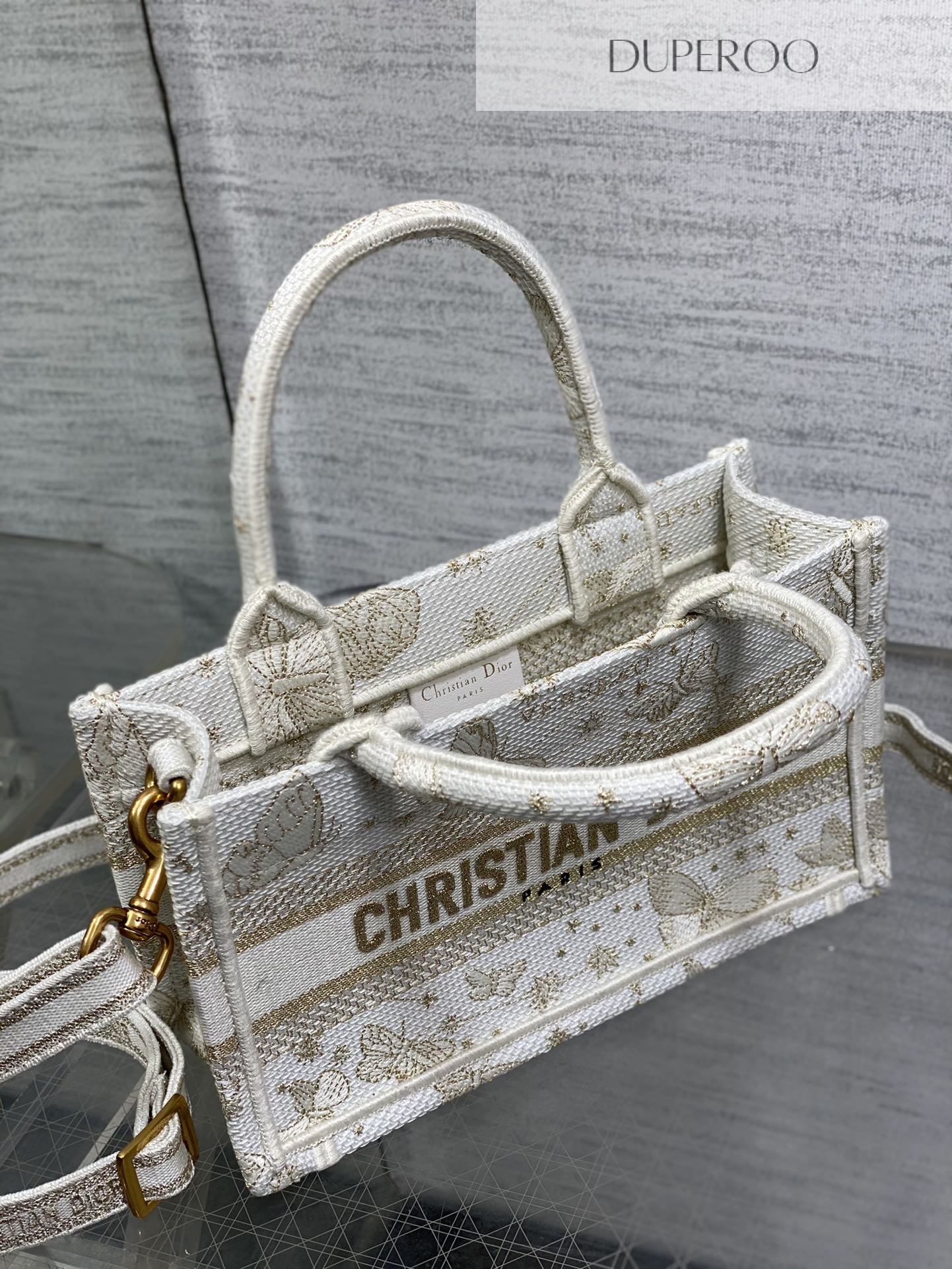 Dior Book Tote White and Gold Butterfly Motif