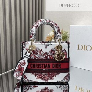 Dior Lady D-Lite Bag Red and White Le Coeur des Papillons motif
