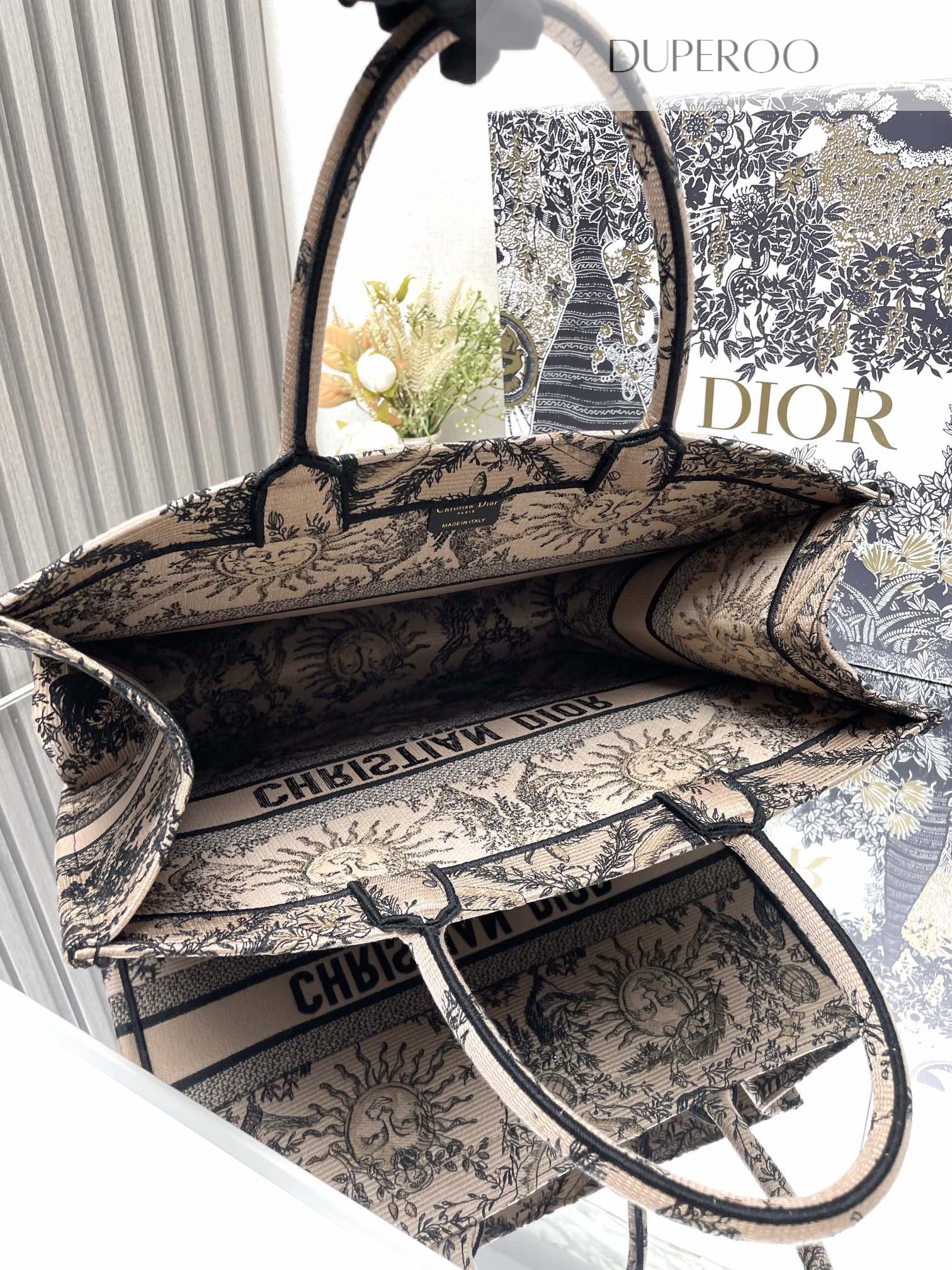 Christian Dior Book Tote Beige and Black Soleil Ruiyi Motif