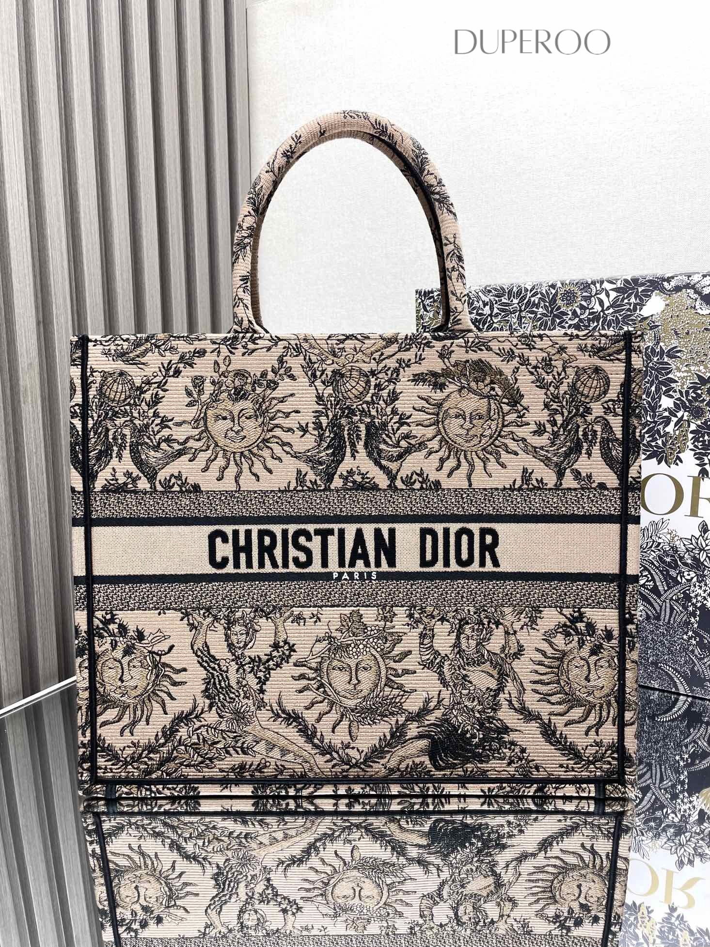 Christian Dior Book Tote Beige and Black Soleil Ruiyi Motif