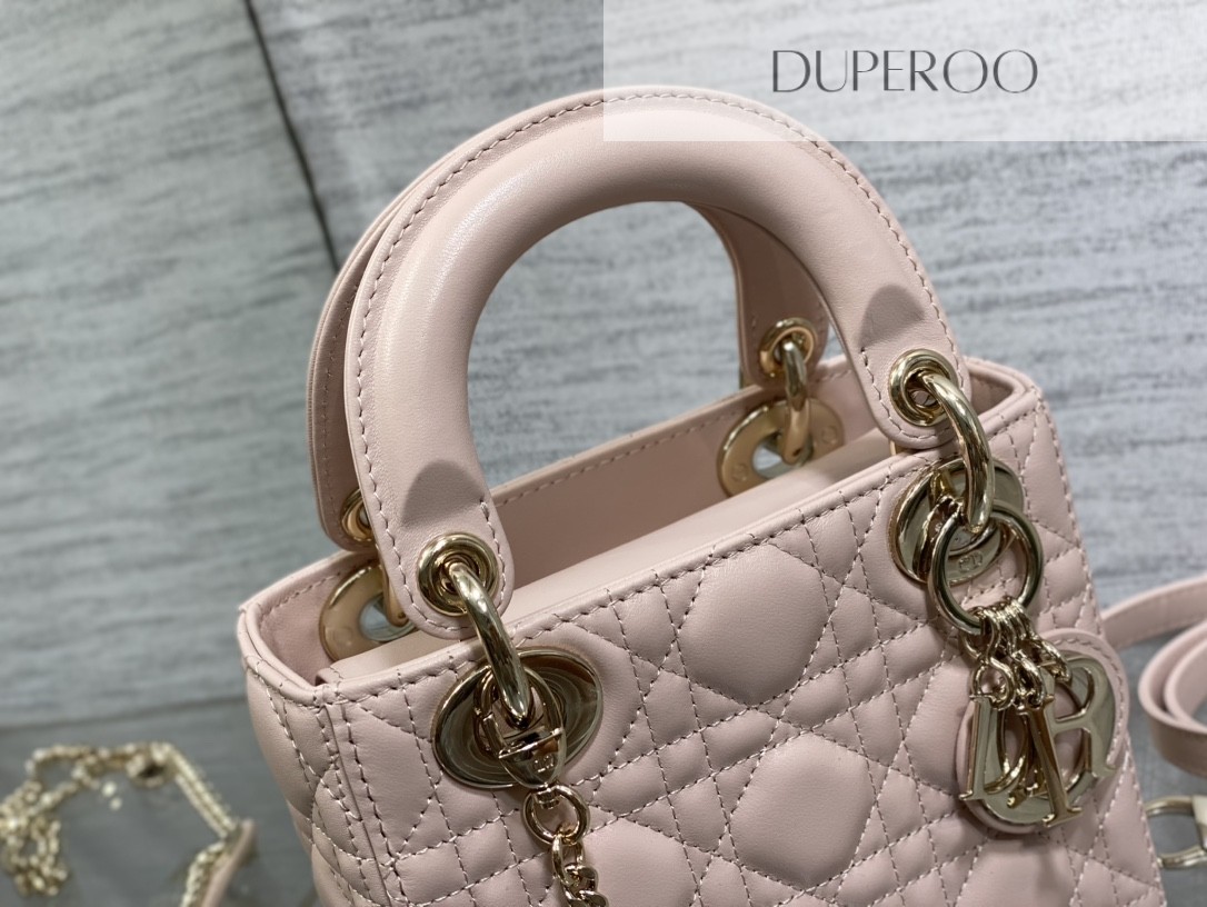 Dior Mini Lady Dior in Pink Lambskin with cannage stitching and gold hardware