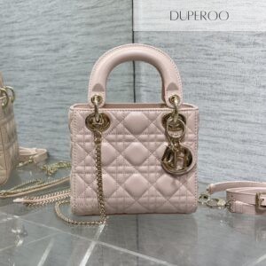 Dior Mini Lady Dior in Pink Lambskin with cannage stitching and gold hardware