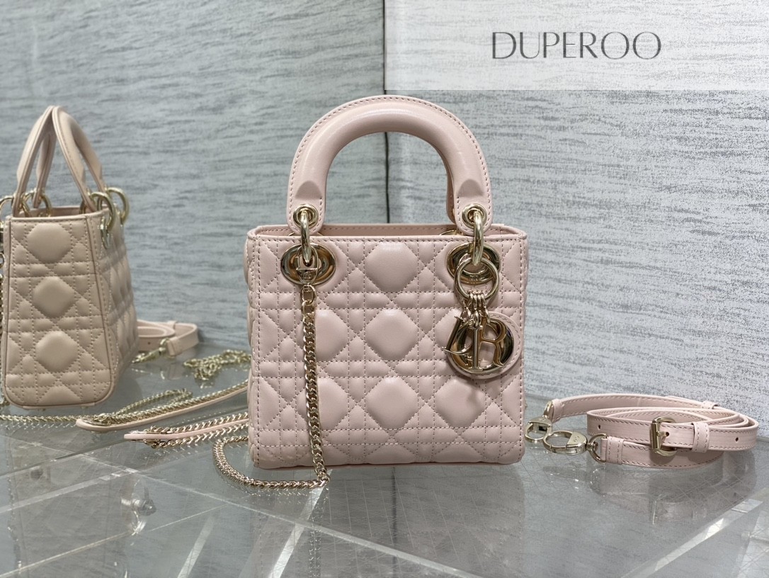 Dior Mini Lady Dior in Pink Lambskin with cannage stitching and gold hardware