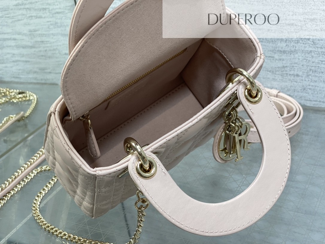 Dior Mini Lady Dior in Pink Lambskin with cannage stitching and gold hardware