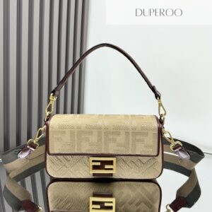 Fendi Baguette Bag Beige FF Canvas with brown with gold finish hardware
