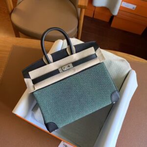 Hermès Birkin 25 Toile Quadrille Black In Swift Leather and Ecru Toile Canvas