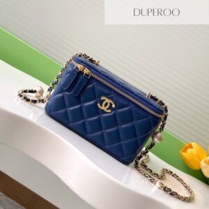 Chanel Small Blue Pearl Crush Vanity Case with chain in blue quilted lambskin leather and gold tone hardware